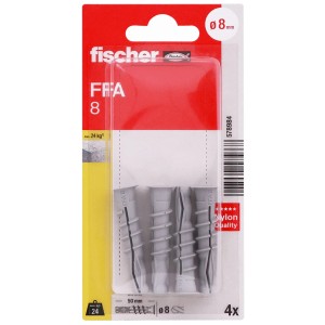 Fischer Porenbetondübel FFA 8 K aus Nylon, 4 Stück. Graue Dübel im Blisterpack, 8mm Durchmesser.