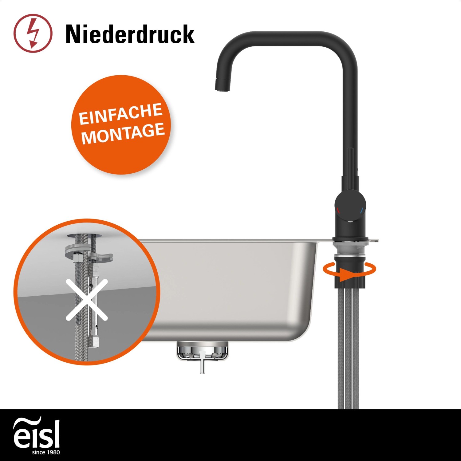 Eisl Spültischarmatur Futura Niederdruck, schwarz matt, mit Montagehinweis und Spüle.