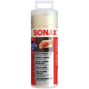 Sonax Autopflegetuch Plus Chamois im Behälter, ideal für die Autopflege.