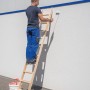 Mann streicht Wand mit PROREGAL Holz-Anlegeleiter (8 Stufen) und Farbrolle.