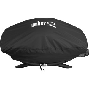 Schwarze Weber Abdeckhaube für Q 2000er Grill, schützt vor Wind und Wetter.