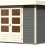 Terragraues Karibu Holz-Gartenhaus Raala mit Pultdach und Doppeltür.