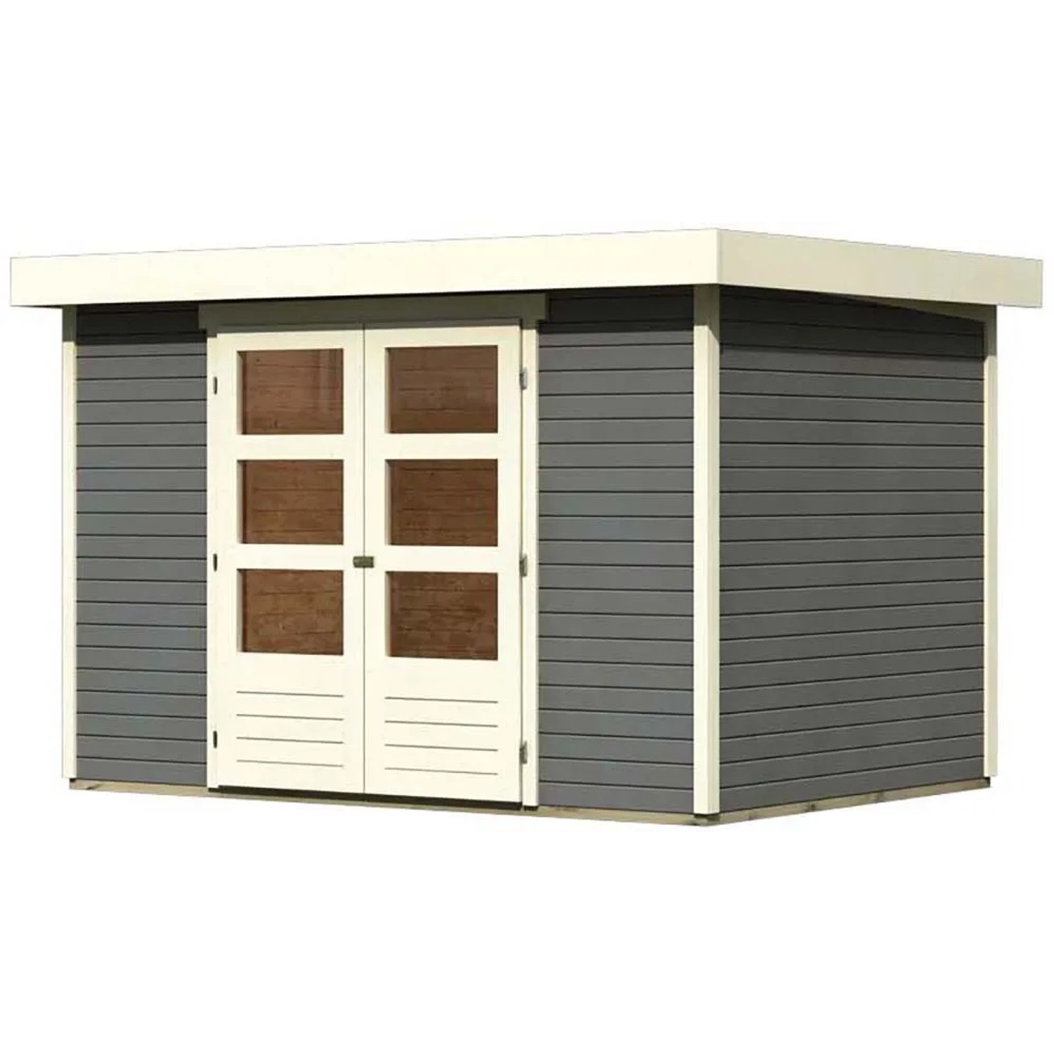 Terragraues Karibu Holz-Gartenhaus Raala mit Pultdach und Doppeltür.