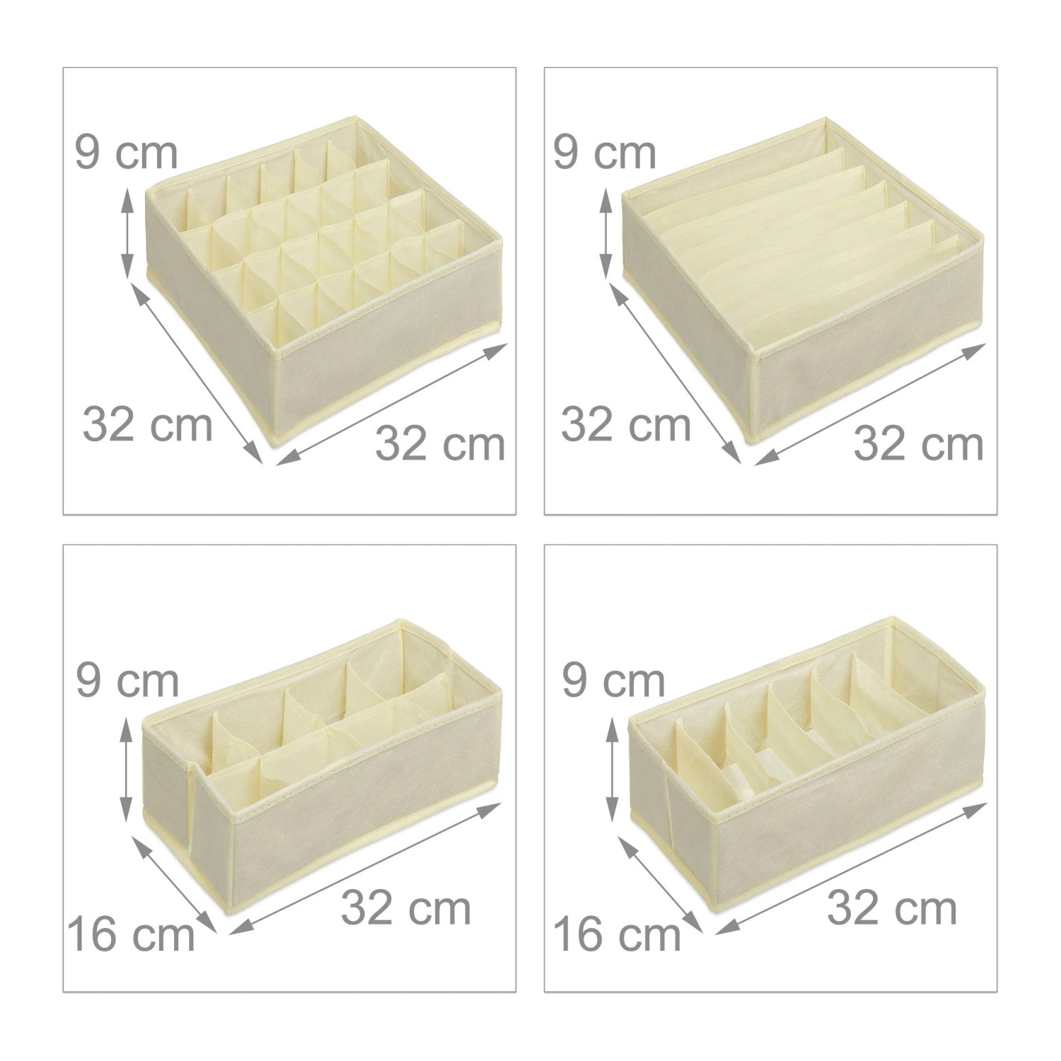 Beiges 4-teiliges Unterwäsche Organizer Set aus Vliesstoff mit verschiedenen Fächern für Schubladen, faltbar. Maße: 9x32x16/32 cm.