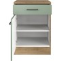 Flex-Well Unterschrank Cara, 60 cm, Schilfgrün/Artisan Eiche, mit Schublade und offener Tür.