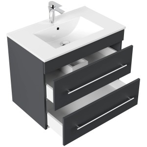 Posseik Badmöbel Artemis 750 Grafit mit Waschbecken und zwei offenen Schubladen.