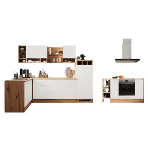 Weiße Respekta Winkelküche Hilde 280x172 cm mit Kücheninsel, Backofen, Kochfeld und Dunstabzugshaube.