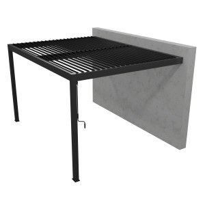 Graue Gardengate Anbaupergola Odin aus Aluminium mit Lamellendach, seitliche Wandmontage.