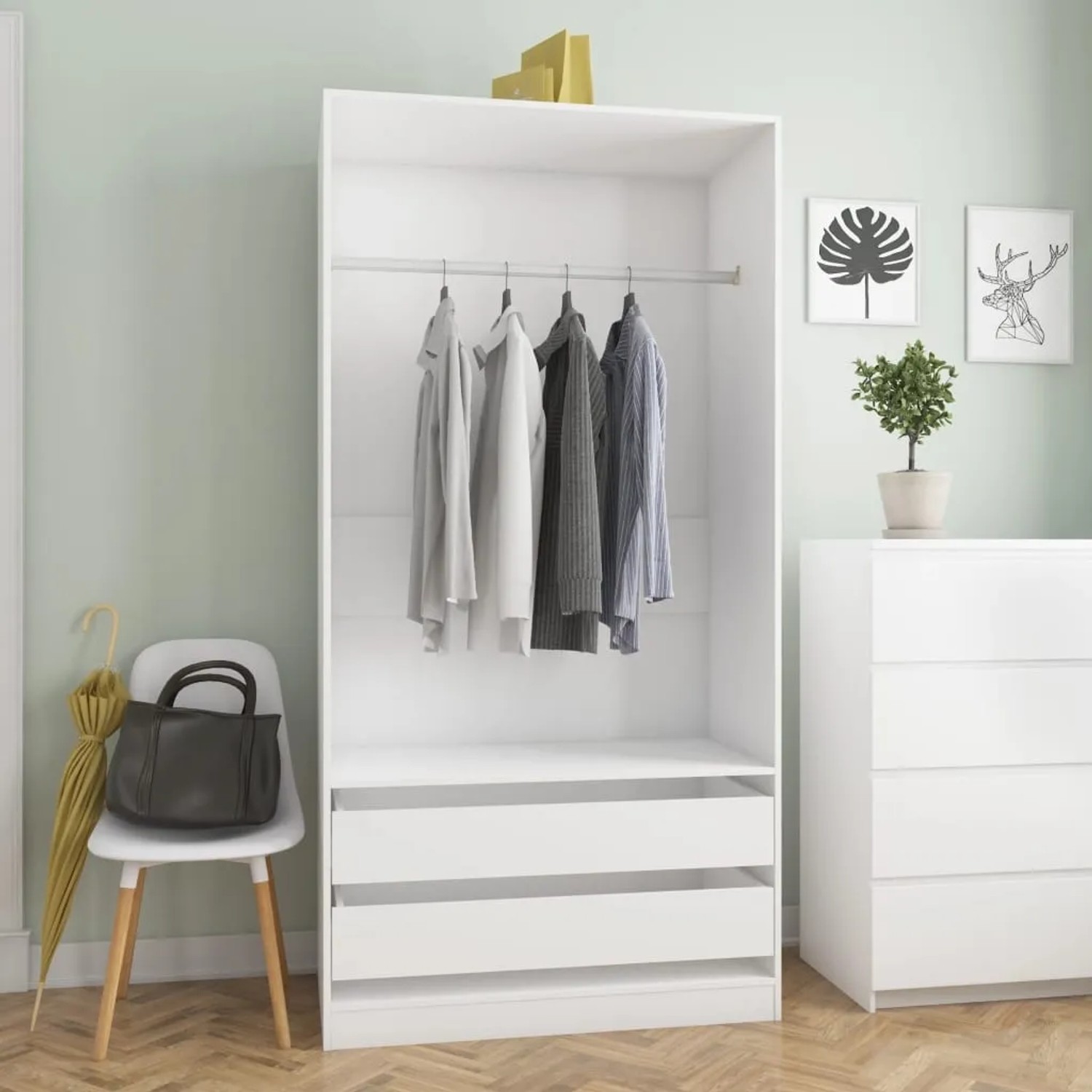 Weißer vidaXL Kleiderschrank (100x50x200 cm) aus Holzwerkstoff mit Schubladen und Kleiderstange.