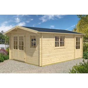 Unbehandeltes Alpholz Gartenhaus Jennifer-28 mit Satteldach und Anbaudach.