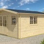Unbehandeltes Alpholz Gartenhaus Jennifer-28 mit Satteldach und Anbaudach.
