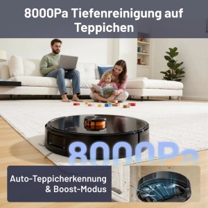 Schwarzer VONKO S6 Pro Saugroboter reinigt Teppich im Wohnzimmer. Familie entspannt. 8000Pa Tiefenreinigung, Auto-Teppicherkennung.