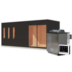 Karibu Saunahaus "Huelva" mit Ofen, Außenansicht. Schwarzes Holzhaus mit Schiebetür und Saunaofen.