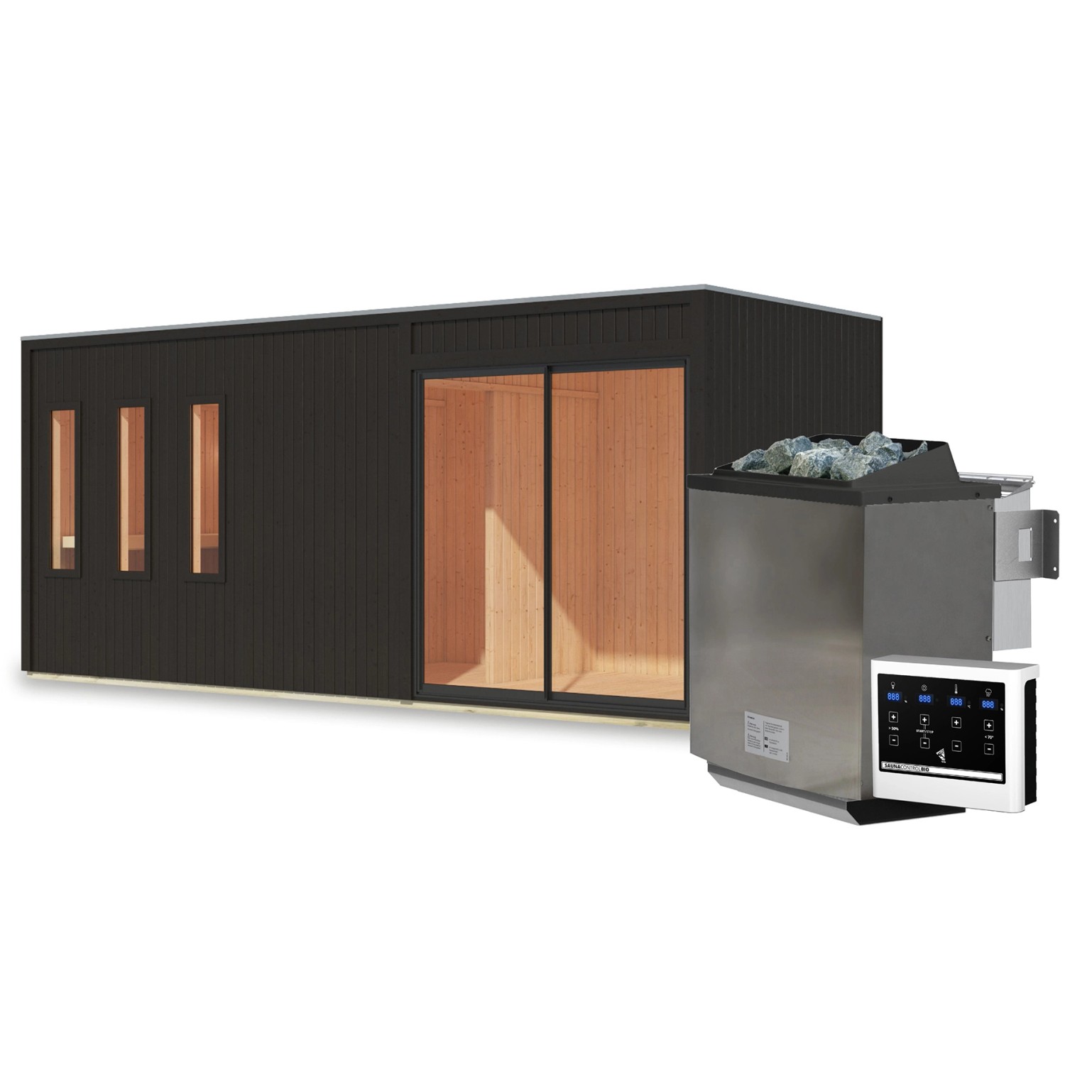 Karibu Saunahaus Huelva mit Ofen 9 kW Bio Extern Schwarz günstig online kaufen