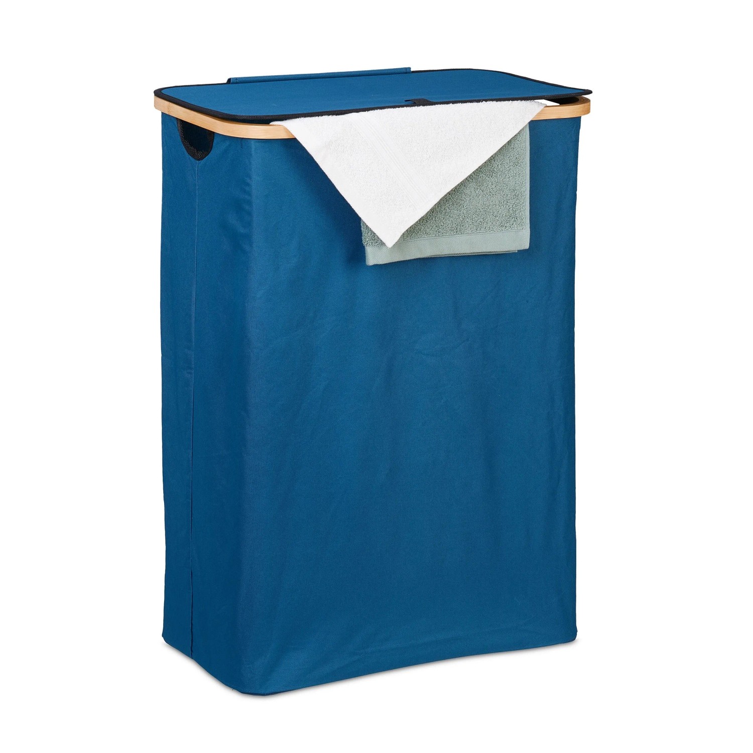 Relaxdays Wäschekorb Polyester Bambus Petrol Natur Faltbar mit Deckel 105, 75 cm x 54 cm x 34 cm 1,3 kg