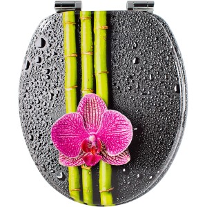 Sanfino WC-Sitz Green Bamboo: Toilettendeckel mit Absenkautomatik, Holz, Bambus- und Orchideen-Motiv.