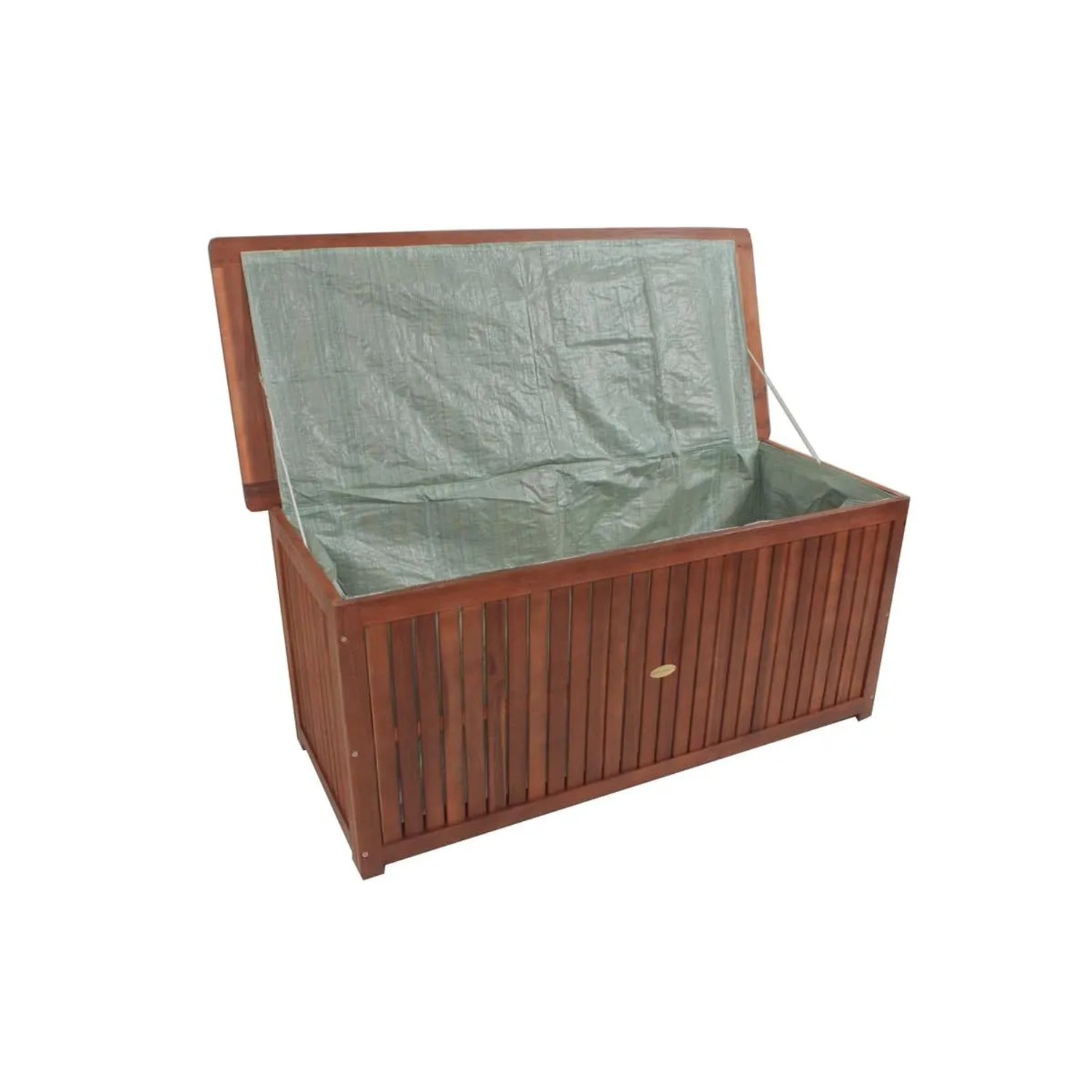 Geöffnete Auflagenbox JOANA aus Akazie, Gartenbox zur Aufbewahrung von Kissen und Gartenzubehör.