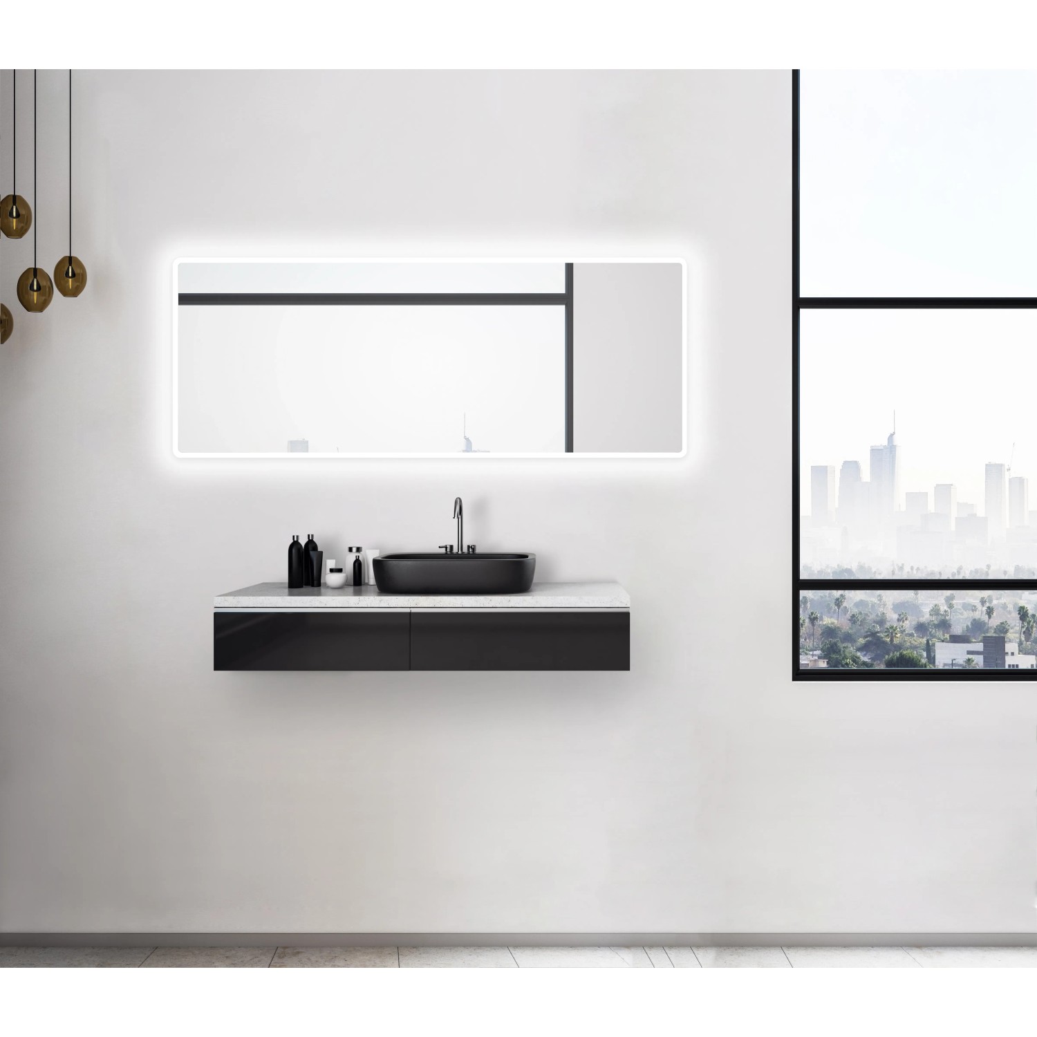 DSK Design LED-Lichtspiegel Silver Rio, 180x70 cm, mit umlaufender Beleuchtung im modernen Badezimmer.