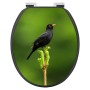 Anthrazit WC-Sitz mit Absenkautomatik, Vogel auf Tannenzweig Motiv.