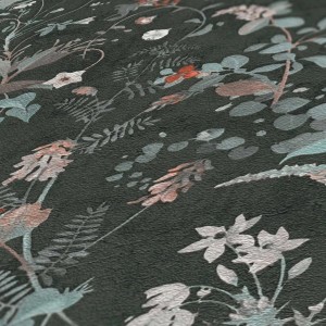 Detailansicht: Schwarze Vliestapete mit floralem Muster, ideal für Wohn- und Schlafzimmer.