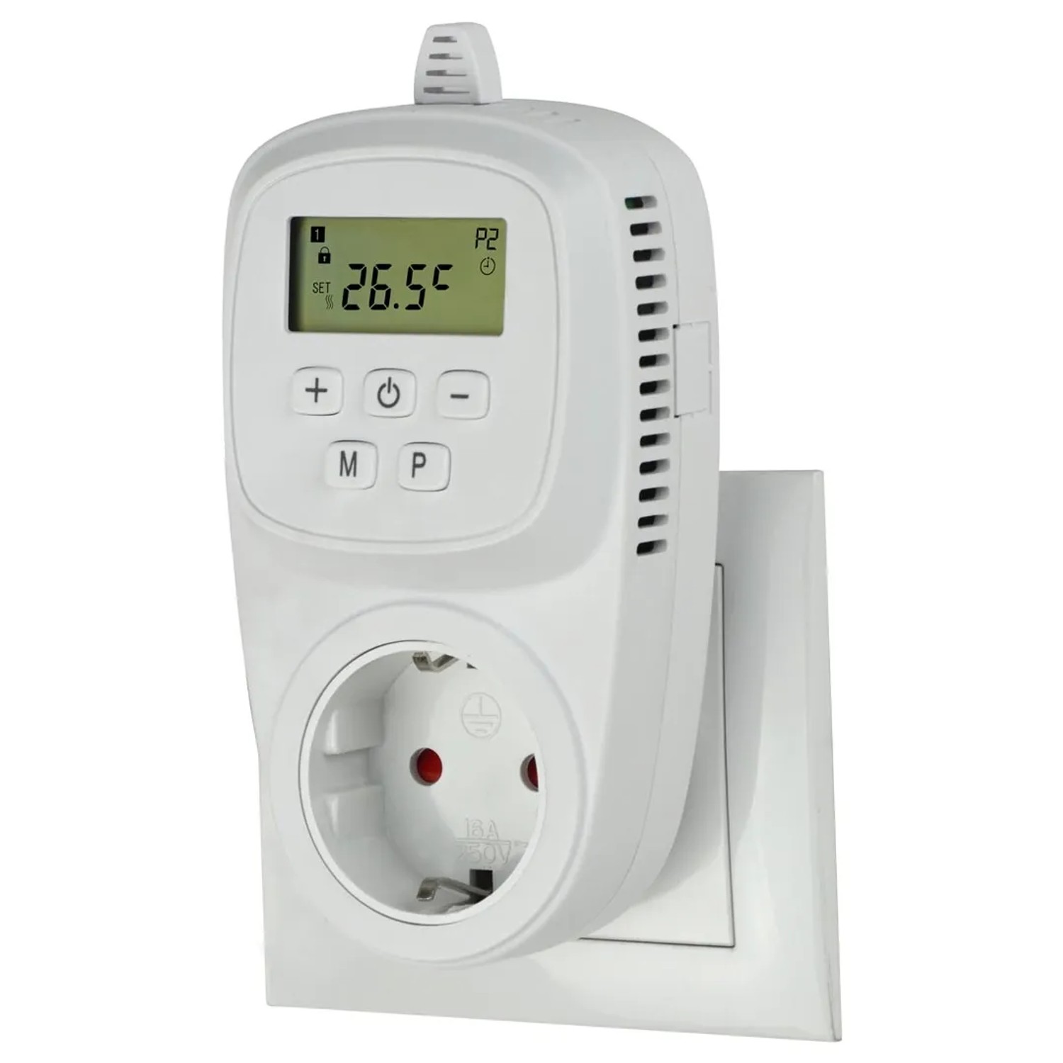 Weiße Thermoschaltsteckdose Infrae mit Display zur Temperaturregelung für elektrische Heizgeräte.