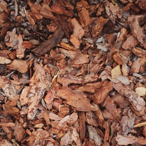 Nahaufnahme von grober Kiefernrinde als Rindenmulch, ideal für den Garten.