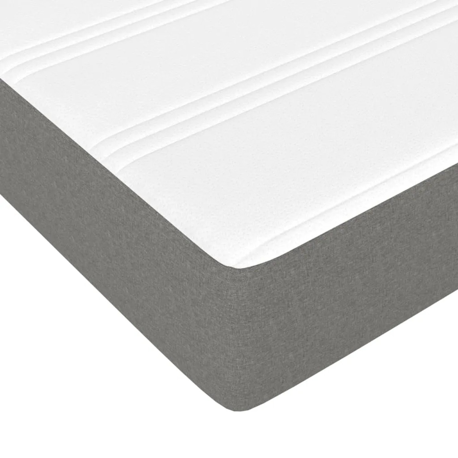 Dunkelgraues Boxspringbett 140x190 cm mit weißer Matratze und Topper. Stoffbezug.