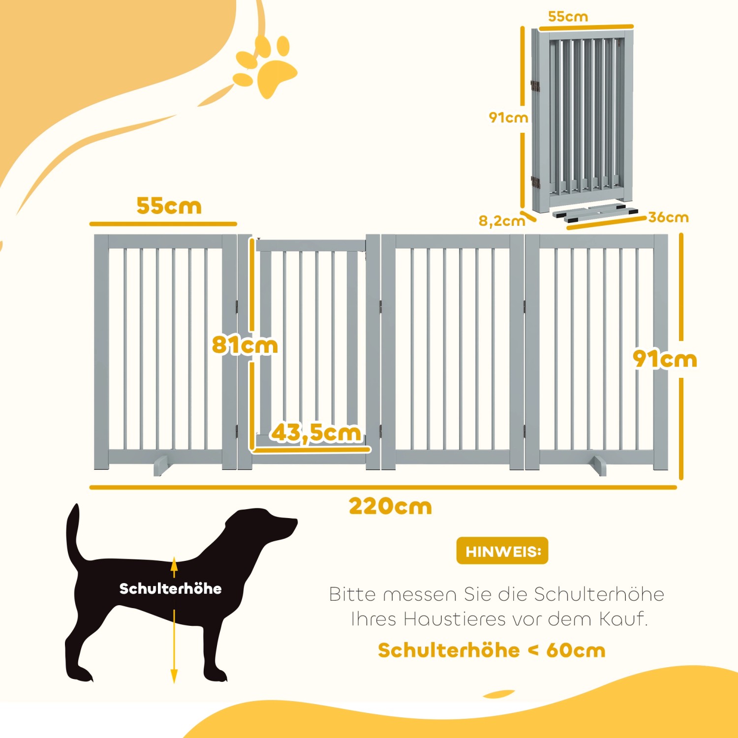 Abmessungen des hellgrauen PawHut Schutzgitters aus Kiefernholz mit Tür.