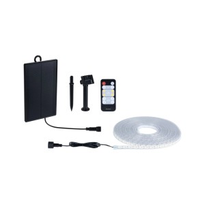 Solar LED Stripe 10m Warmweiß Set mit schwarzem Solarpanel, Fernbedienung und Erdspieß für Aussenbeleuchtung.
