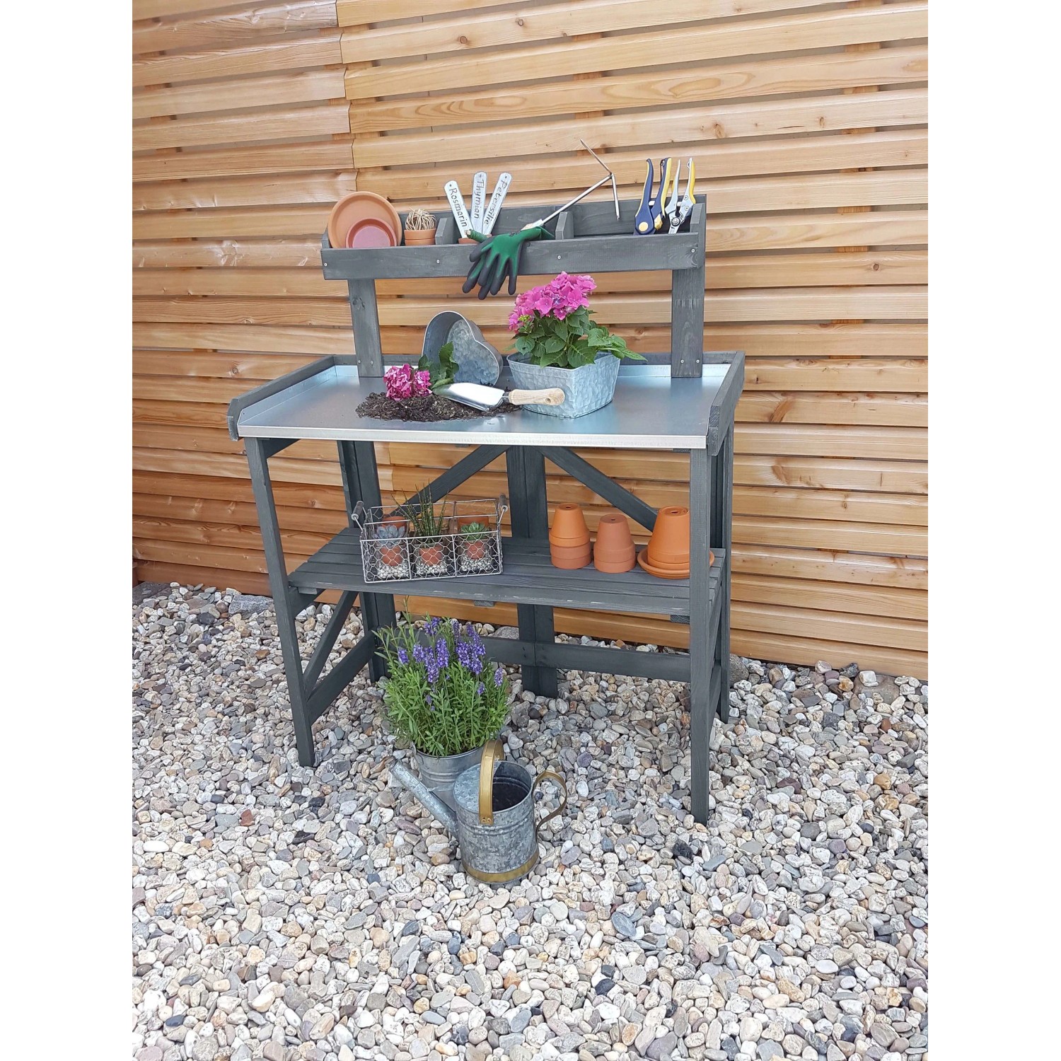 Rechteckiger, grauer Promadino Gartentisch aus Metall, 45x97 cm, ideal für Balkon oder Garten.