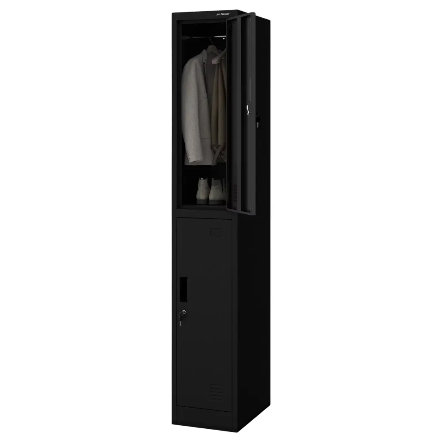 JAN NOWAK Umkleideschrank Spind IGOR 2 Abteile Etikettenhalter Lüftungsschlitze Umkleidespind Schließfachschrank 185x31,7x45cm Schwarz