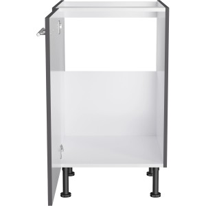 Optifit Spülenunterschrank Ingvar420, 50 cm, Anthrazit Matt, mit offener Tür und schwarzen Füßen.