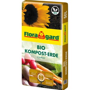Sack Floragard Bio-Kompost-Erde 50L mit Sonnenblume und Gemüse, geeignet für Hochbeete.