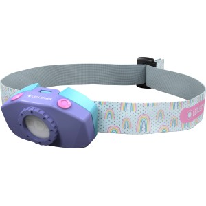 Ledlenser Kidled 2 Stirnlampe in Lila mit Regenbogenmuster für Kinder.