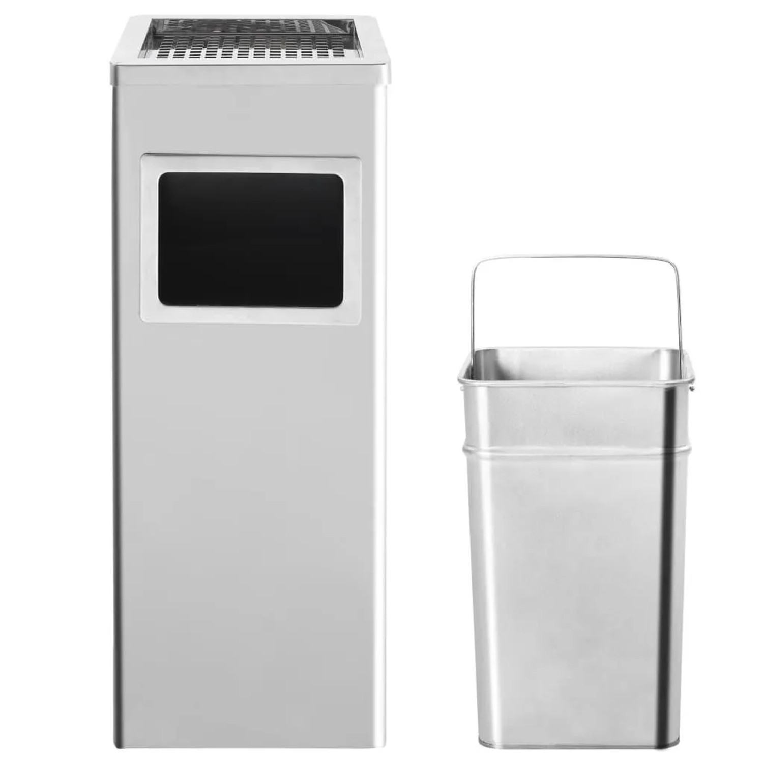 Silberner Edelstahl Standaschenbecher mit Mülleimer und herausnehmbarem Inneneimer. 36L Abfalleimer für draußen.