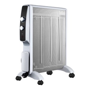 Weißer Vale Micathermic Heizkörper HY-200B mit Rollen und Thermostat.