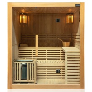 Dewello Sauna Sarnia aus Hemlockholz mit Harvia Ofen und Aufguss-Set für 2-4 Personen.