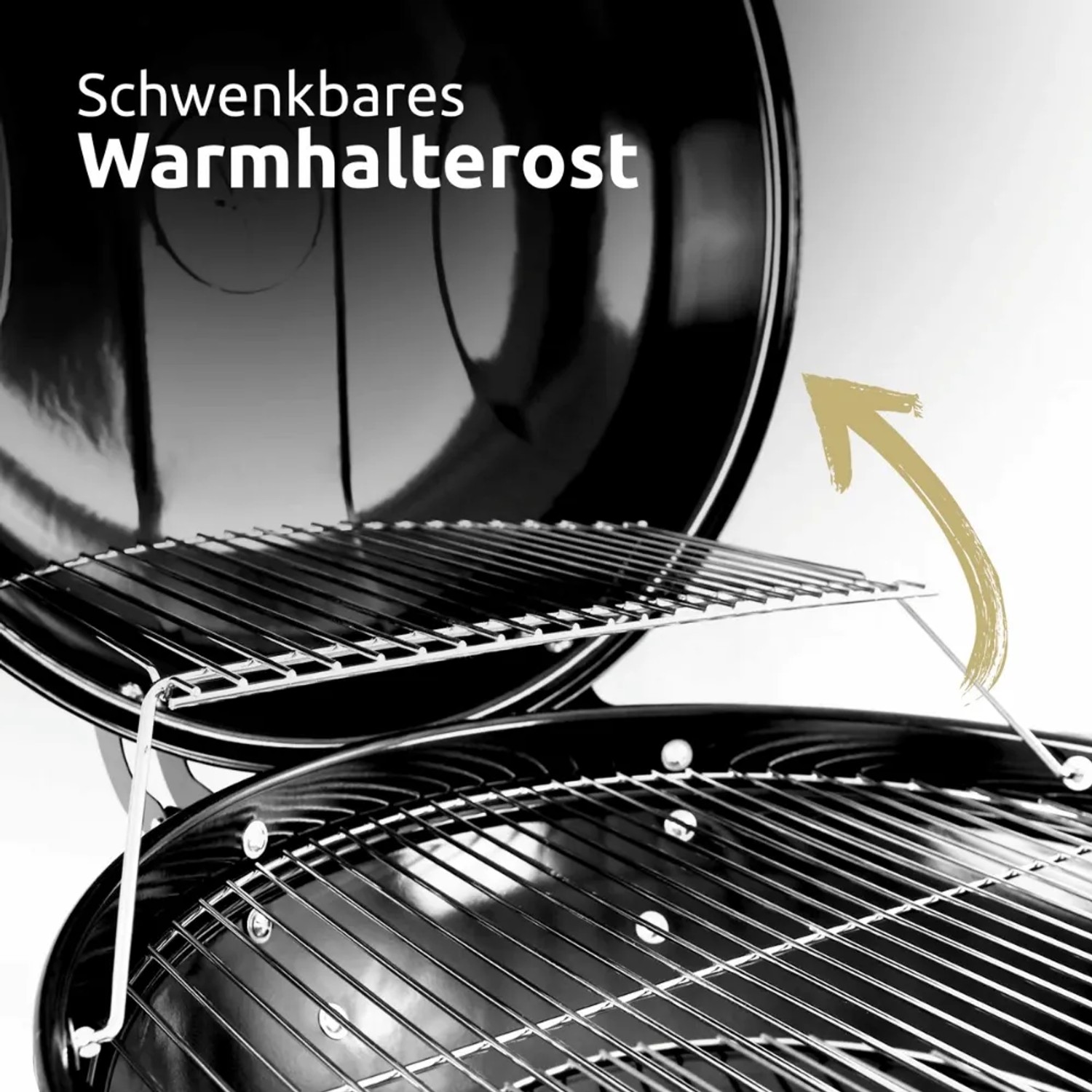 Detailaufnahme des Kugelgrills ENNO mit schwenkbarem Warmhalterost.