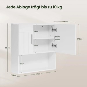 Weißer Spiegelschrank aus MDF, 54x55x15 cm, mit offener Tür, verstellbaren Fächern und Maßen. Jede Ablage trägt bis 10 kg.