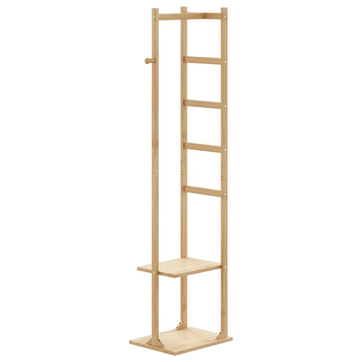 Heller vidaXL Kleiderständer aus Bambus mit Kleiderstange, Haken und zwei Ablagen für Garderobe.