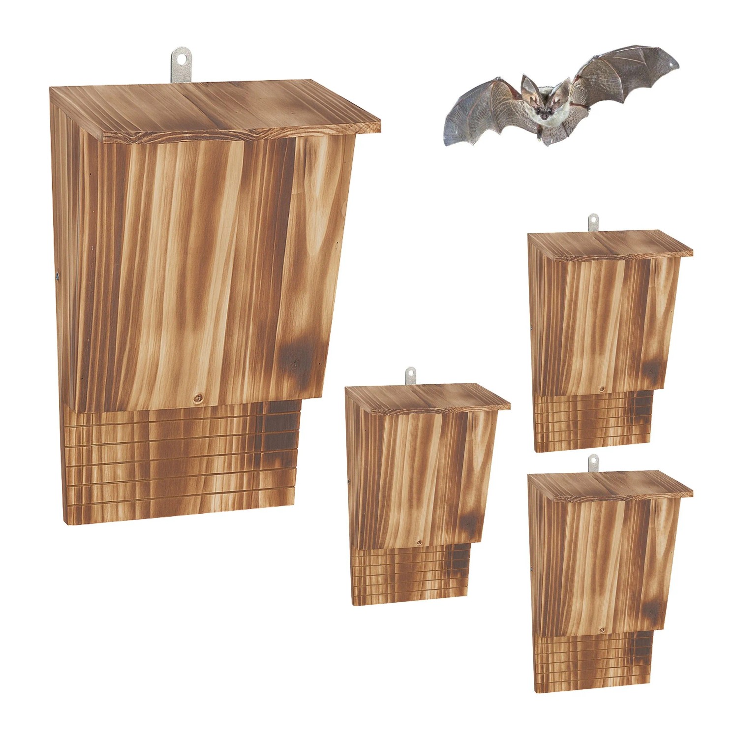 Relaxdays Fledermauskasten Tannenholz Metall Natur Geflammt 4er Set 34 cm x 22,5 cm x 12,5 cm