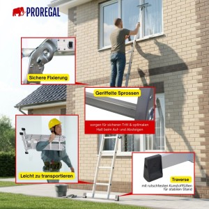 PROREGAL MULTISTEP Aluminium-Mehrzweckleiter als Anlegeleiter. Details: Gelenke, geriffelte Sprossen, Traverse, Transport.