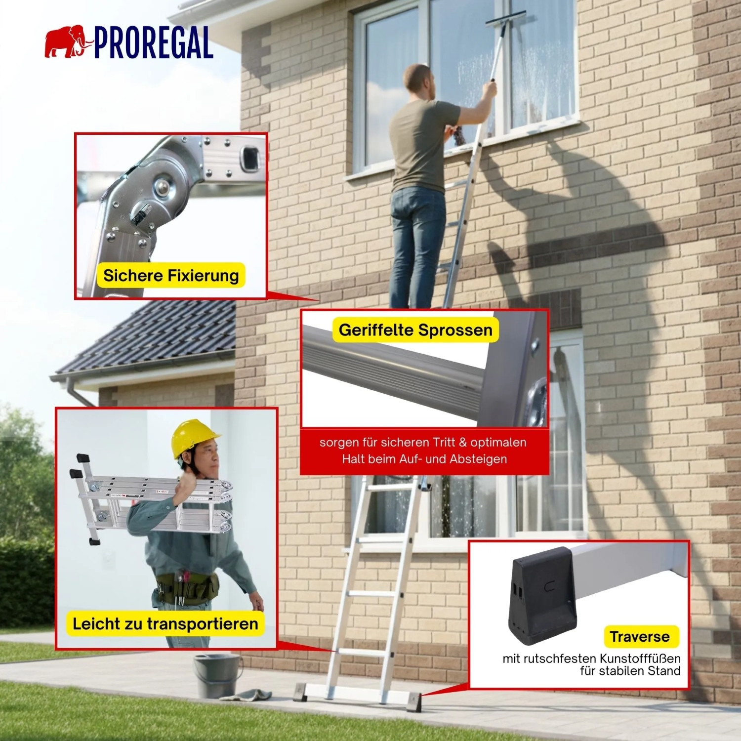 PROREGAL MULTISTEP Aluminium-Mehrzweckleiter als Anlegeleiter. Details: Gelenke, geriffelte Sprossen, Traverse, Transport.