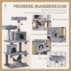 Grauer PawHut Kratzbaum, 145 cm hoch, mit Hängematte und Höhlen für Katzen.