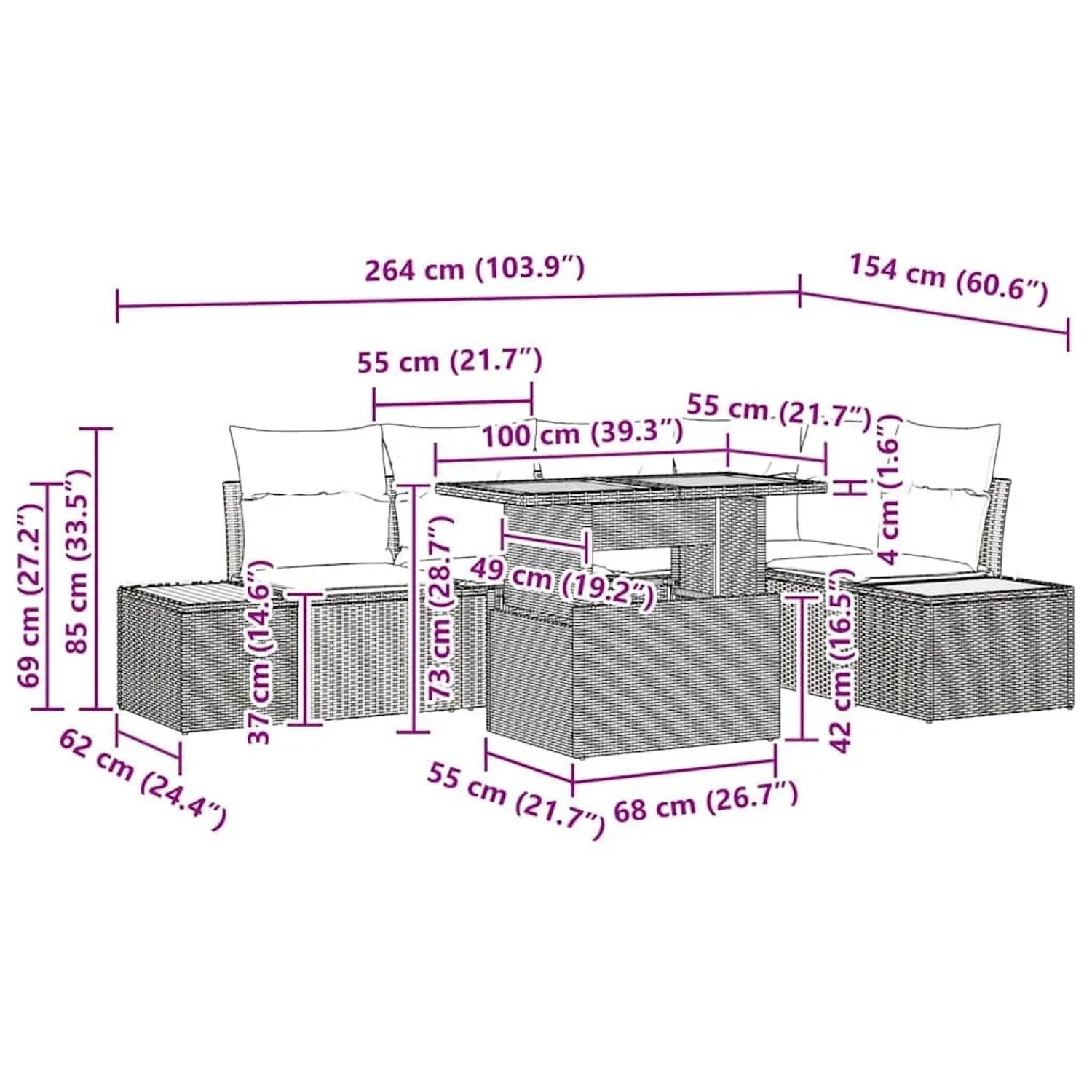 vidaXL Garten Essgruppe 6-tlg. Beige/Grau: Maße und Details der modularen Rattanmöbel mit Tisch.
