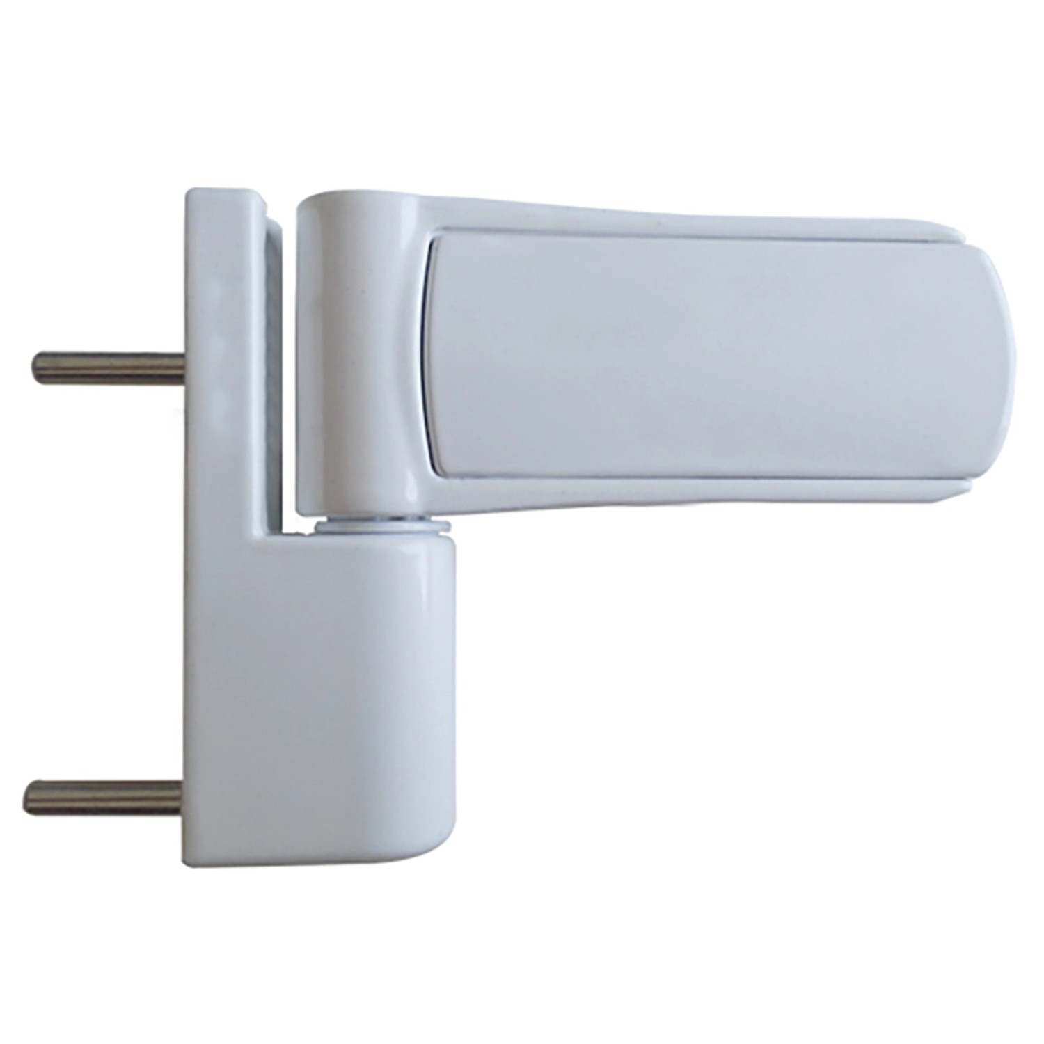 Detailansicht eines weißen 3D-Türbandes für eine Nebeneingangstür.