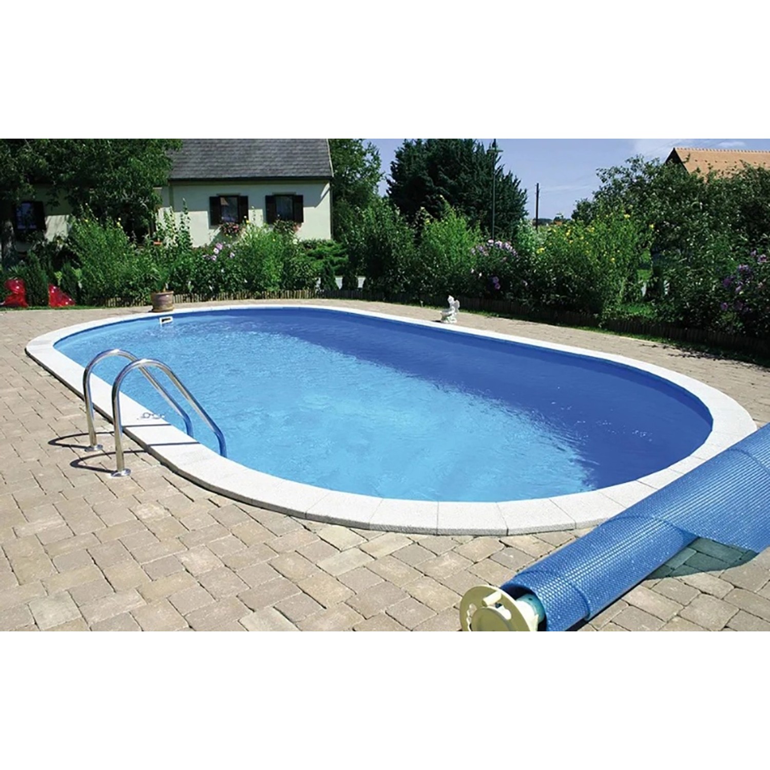 Ovaler Summer Fun Stahlwandpool Fernando (800x420x120 cm) mit Leiter und Poolabdeckung.