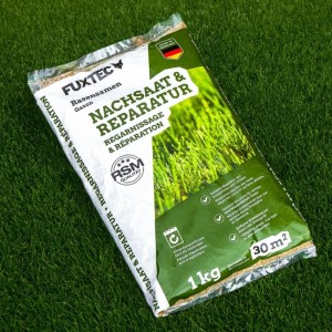 FUXTEC Rasensamen Nachsaat & Reparatur, 1kg für 30m², auf grünem Rasen. RSM Qualität für dichten Rasen.