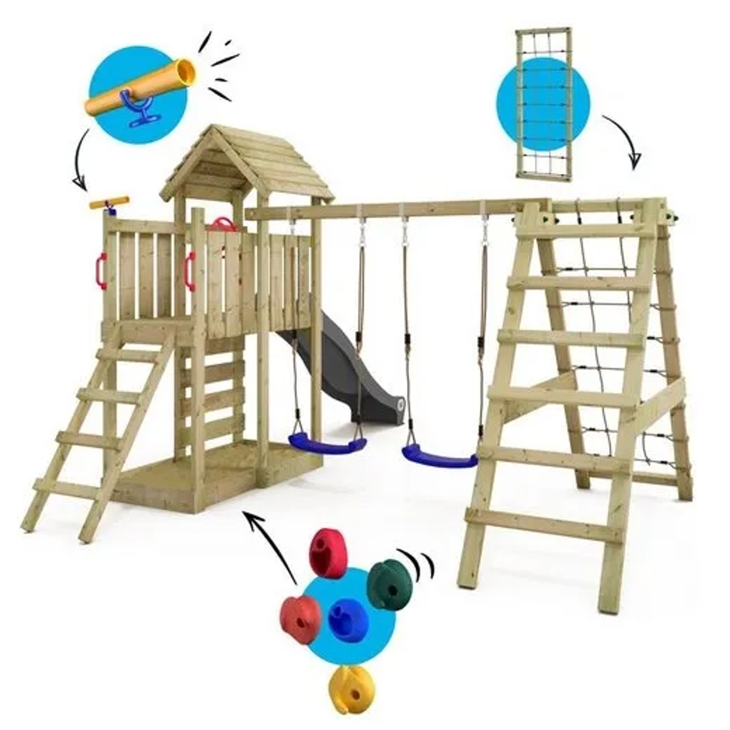 Wickey Spielturm RocketFlyer mit Rutsche, Schaukel und Kletterwand, Holz natur.