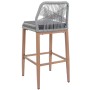 Proregal Barhocker: hellgraues Seilgeflecht, dunkelgraues Kissen, Holz-Optik Beine. Moderner Outdoor-Barhocker mit Fußstütze.